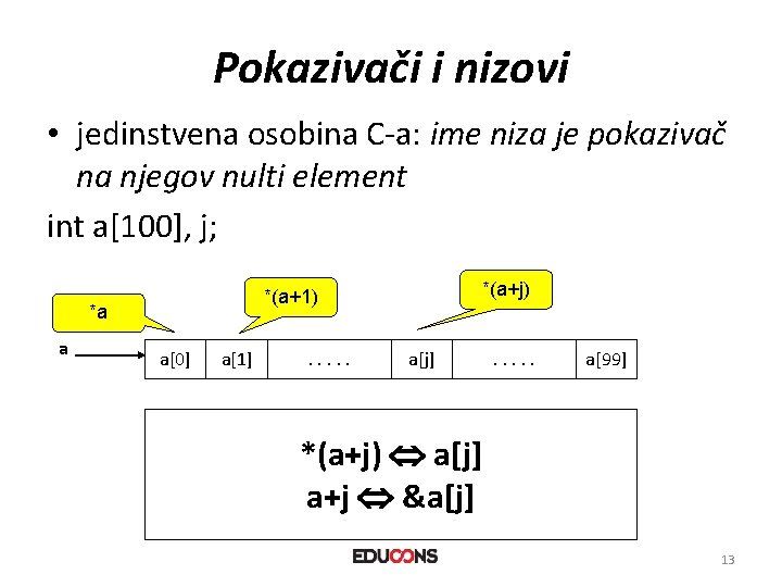 Pokazivači i nizovi • jedinstvena osobina C-a: ime niza je pokazivač na njegov nulti