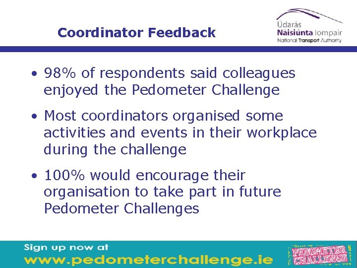 Coordinator Feedback • 98% of respondents said colleagues enjoyed the Pedometer Challenge • Most