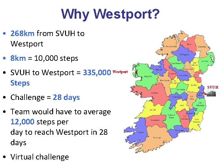 Why Westport? • 268 km from SVUH to Westport • 8 km = 10,