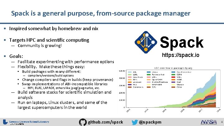 Spack is a general purpose, from-source package manager § Inspired somewhat by homebrew and