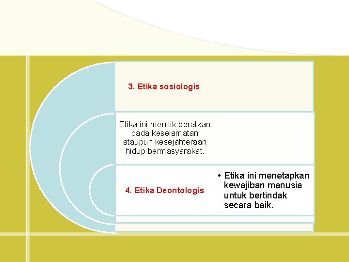 3. Etika sosiologis Etika ini menitik beratkan pada keselamatan ataupun kesejahteraan hidup bermasyarakat. 4.