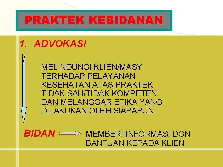 PRAKTEK KEBIDANAN 1. ADVOKASI MELINDUNGI KLIEN/MASY. TERHADAP PELAYANAN KESEHATAN ATAS PRAKTEK TIDAK SAH/TIDAK KOMPETEN