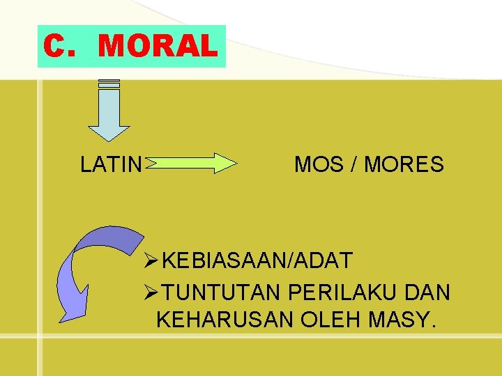 C. MORAL LATIN MOS / MORES ØKEBIASAAN/ADAT ØTUNTUTAN PERILAKU DAN KEHARUSAN OLEH MASY. 