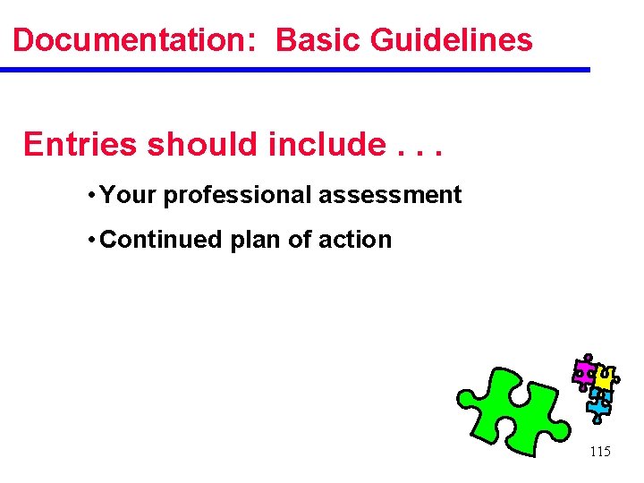 Documentation: Basic Guidelines Entries should include. . . • Your professional assessment • Continued