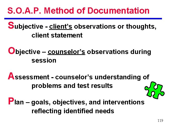 S. O. A. P. Method of Documentation Subjective - client’s observations or thoughts, client