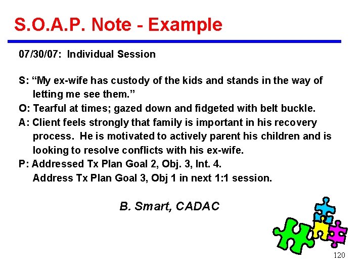 S. O. A. P. Note - Example 07/30/07: Individual Session S: “My ex-wife has