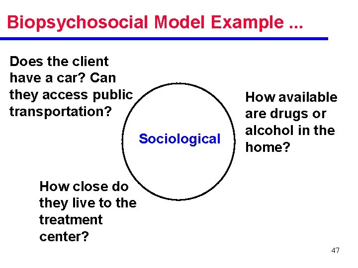 Biopsychosocial Model Example. . . Does the client have a car? Can they access