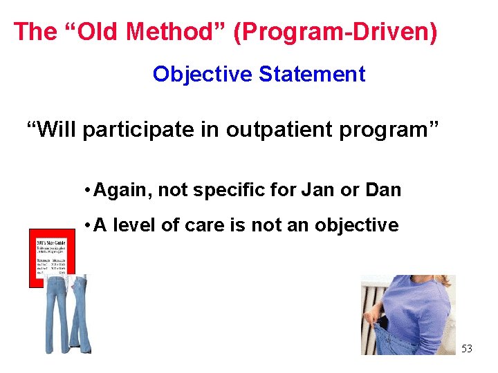 The “Old Method” (Program-Driven) Objective Statement “Will participate in outpatient program” • Again, not