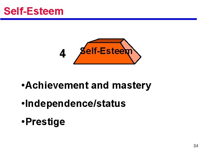 Self-Esteem 4 Self-Esteem • Achievement and mastery • Independence/status • Prestige 84 