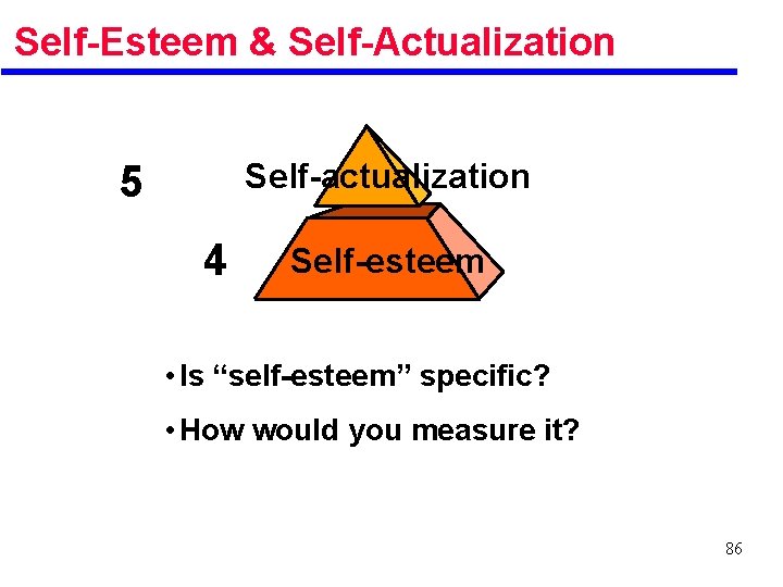 Self-Esteem & Self-Actualization Self-actualization 5 4 Self-esteem • Is “self-esteem” specific? • How would