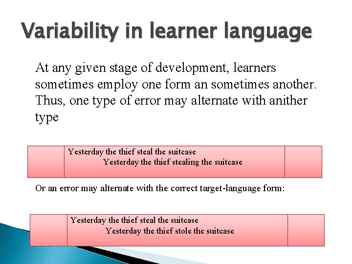 Variability in learner language At any given stage of development, learners sometimes employ one