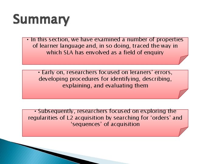 Summary • In this section, we have examined a number of properties of learner