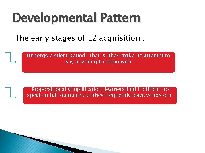 Developmental Pattern The early stages of L 2 acquisition : Undergo a silent period.