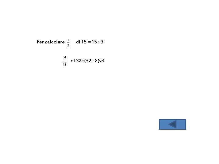 Per calcolare di 15 = 15 : 3 di 32=(32 : 8)x 3 