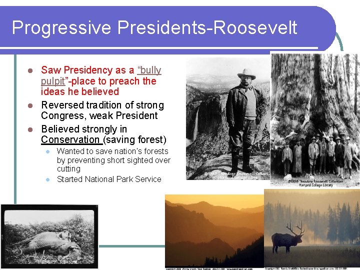 Progressive Presidents-Roosevelt Saw Presidency as a “bully pulpit”-place to preach the ideas he believed