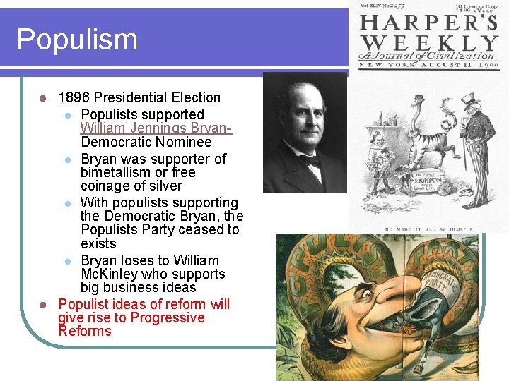 Populism 1896 Presidential Election l Populists supported William Jennings Bryan. Democratic Nominee l Bryan