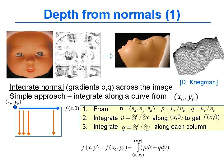 Depth from normals (1) Integrate normal (gradients p, q) across the image Simple approach