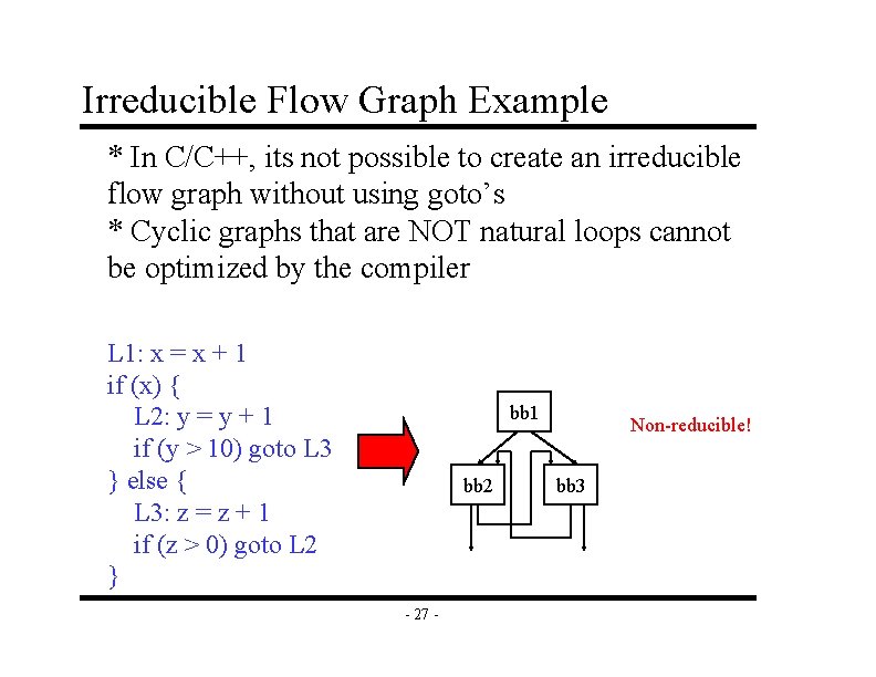 Irreducible Flow Graph Example * In C/C++, its not possible to create an irreducible