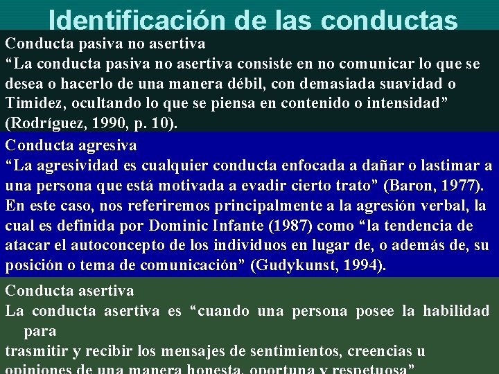 Identificación de las conductas Conducta pasiva no asertiva “La conducta pasiva no asertiva consiste