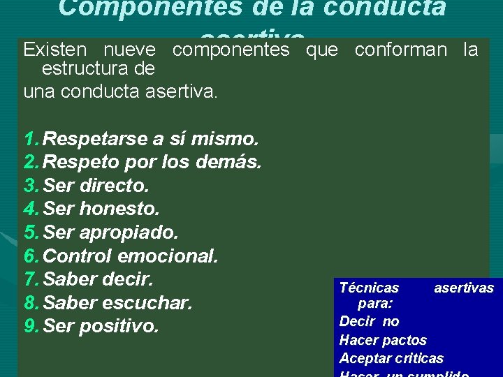 Componentes de la conducta asertiva que conforman Existen nueve componentes estructura de una conducta