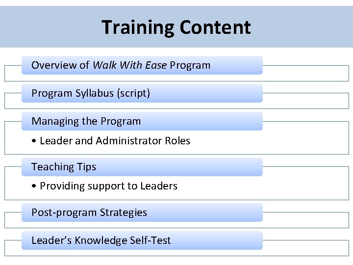Training Content Overview of Walk With Ease Program Syllabus (script) Managing the Program • Training Content Overview of Walk With Ease Program Syllabus (script) Managing the Program •