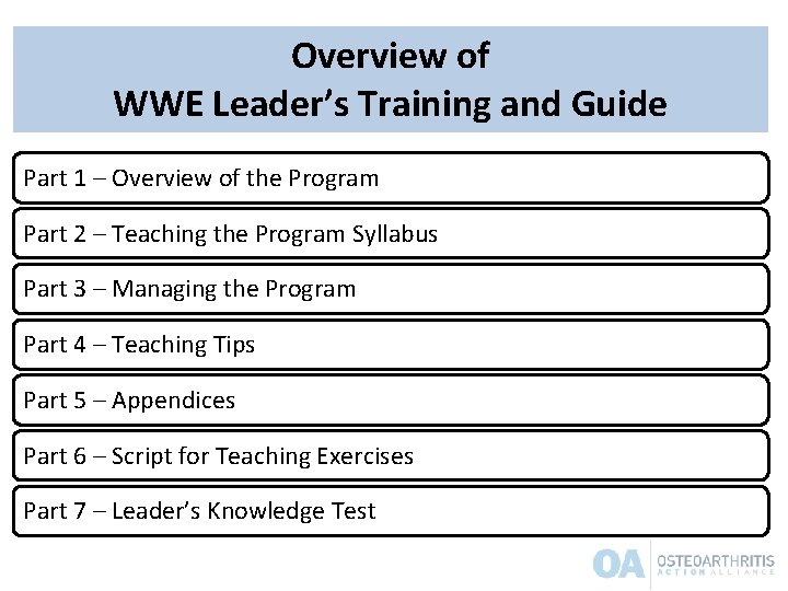 Overview of WWE Leader’s Training and Guide Part 1 – Overview of the Program Overview of WWE Leader’s Training and Guide Part 1 – Overview of the Program