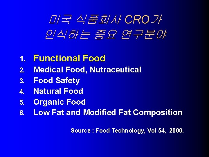 미국 식품회사 CRO가 인식하는 중요 연구분야 1. Functional Food 2. Medical Food, Nutraceutical Food