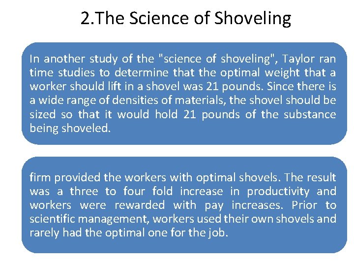 2. The Science of Shoveling In another study of the "science of shoveling", Taylor