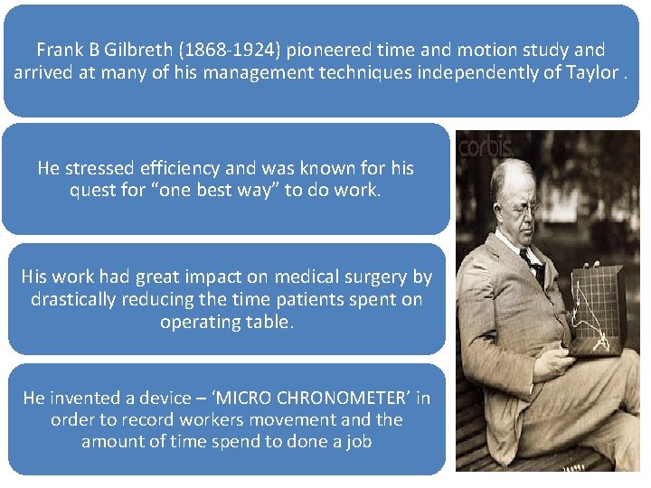 Frank B Gilbreth (1868 -1924) pioneered time and motion study and arrived at many