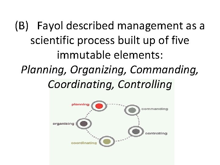 (B) Fayol described management as a scientific process built up of five immutable elements: