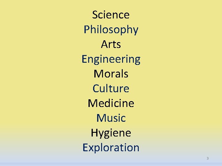 Science Philosophy Arts Engineering Morals Culture Medicine Music Hygiene Exploration 3 