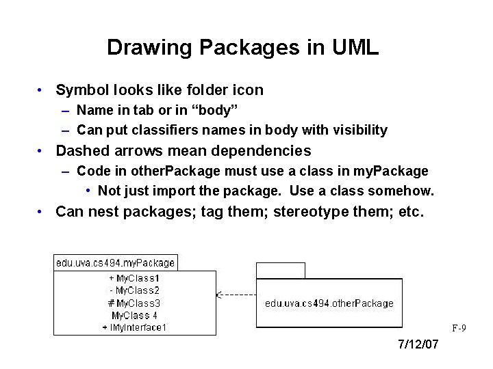 Drawing Packages in UML • Symbol looks like folder icon – Name in tab