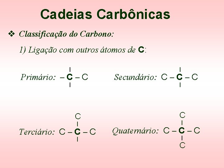Cadeias Carbônicas v Classificação do Carbono: 1) Ligação com outros átomos de C: l Cadeias Carbônicas v Classificação do Carbono: 1) Ligação com outros átomos de C: l