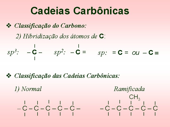 Cadeias Carbônicas v Classificação do Carbono: 2) Hibridização dos átomos de C: l sp Cadeias Carbônicas v Classificação do Carbono: 2) Hibridização dos átomos de C: l sp