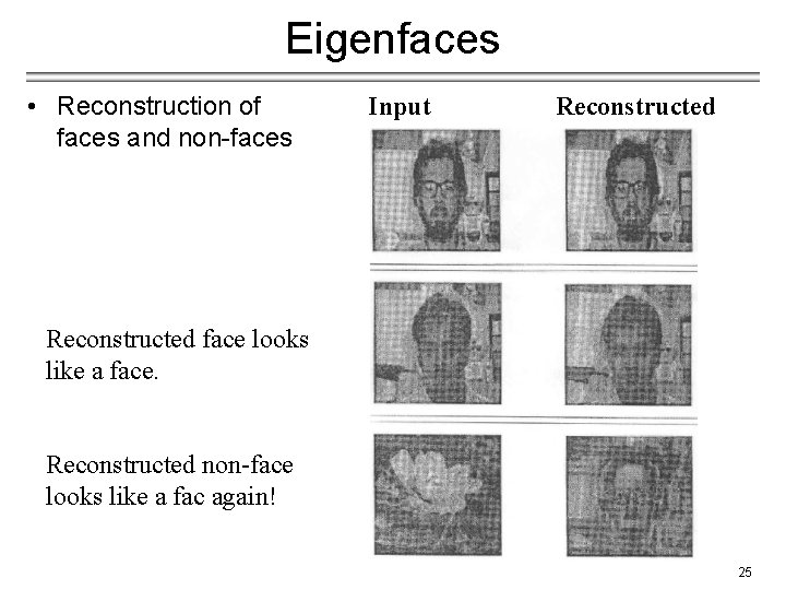 Eigenfaces • Reconstruction of faces and non-faces Input Reconstructed face looks like a face.