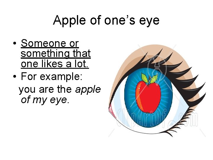 Apple of one’s eye • Someone or something that one likes a lot. •