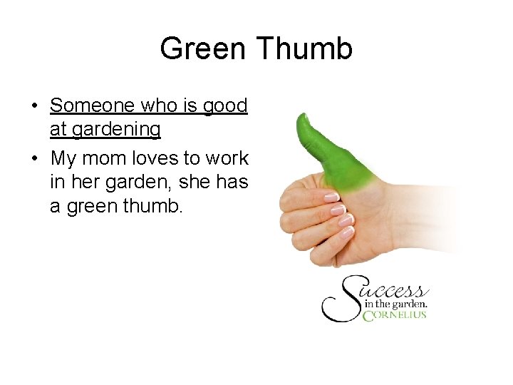 Green Thumb • Someone who is good at gardening • My mom loves to