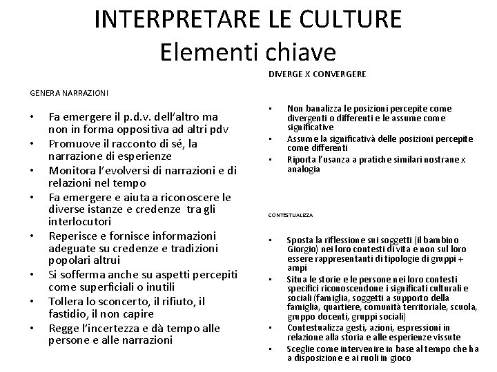 INTERPRETARE LE CULTURE Elementi chiave DIVERGE X CONVERGERE GENERA NARRAZIONI • • Fa emergere