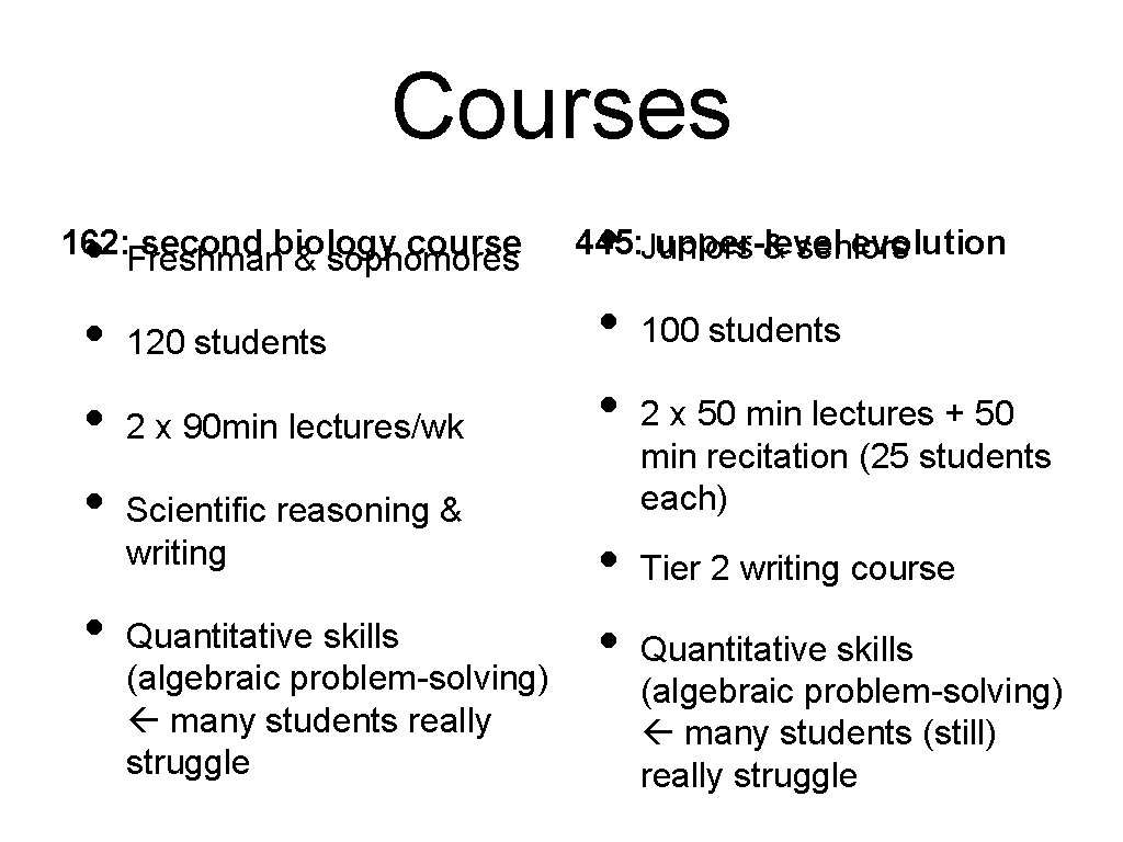 Courses • • 162: Freshman second biology course & sophomores • 120 students 2 Courses • • 162: Freshman second biology course & sophomores • 120 students 2