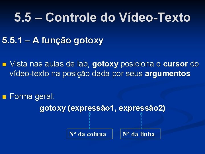 5. 5 – Controle do Vídeo-Texto 5. 5. 1 – A função gotoxy Vista