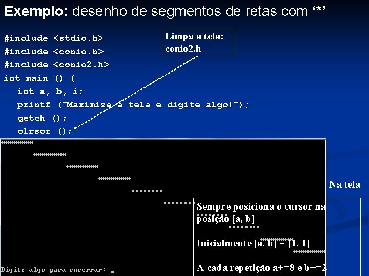 Exemplo: desenho de segmentos de retas com ‘*’ Limpa a tela: #include <stdio. h>