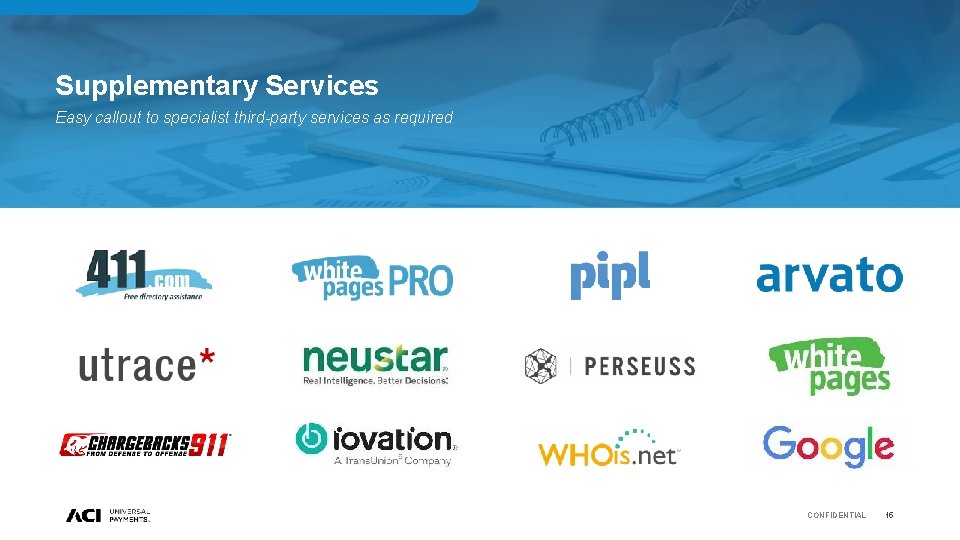 Supplementary Services Easy callout to specialist third-party services as required CONFIDENTIAL 15 Supplementary Services Easy callout to specialist third-party services as required CONFIDENTIAL 15