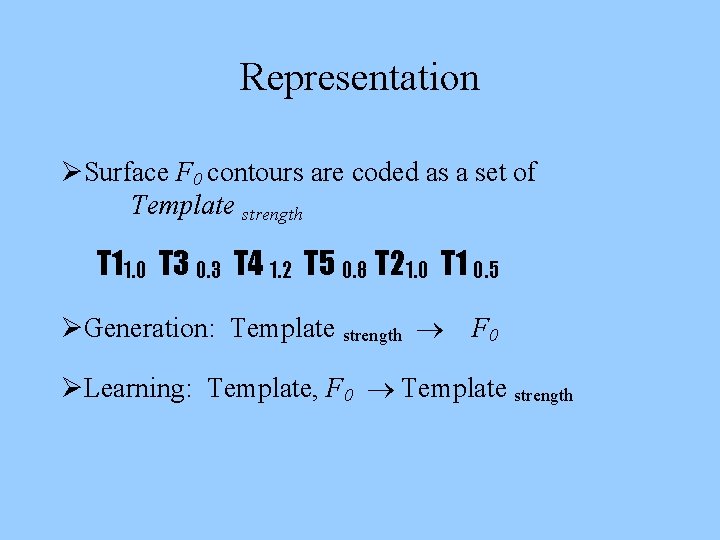 Representation ØSurface F 0 contours are coded as a set of Template strength T