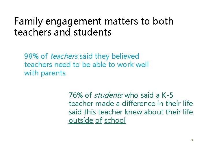 Family engagement matters to both teachers and students 98% of teachers said they believed