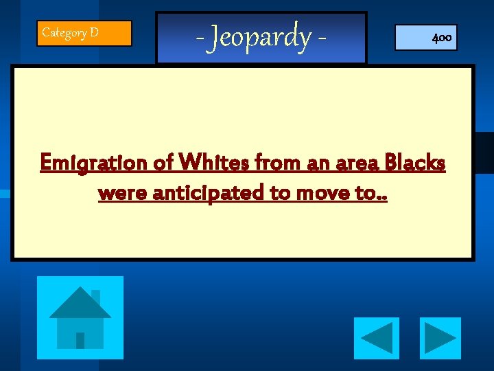 Category D - Jeopardy - 400 Emigration of Whites from an area Blacks were