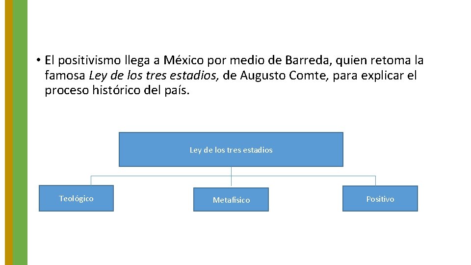 • El positivismo llega a México por medio de Barreda, quien retoma la • El positivismo llega a México por medio de Barreda, quien retoma la