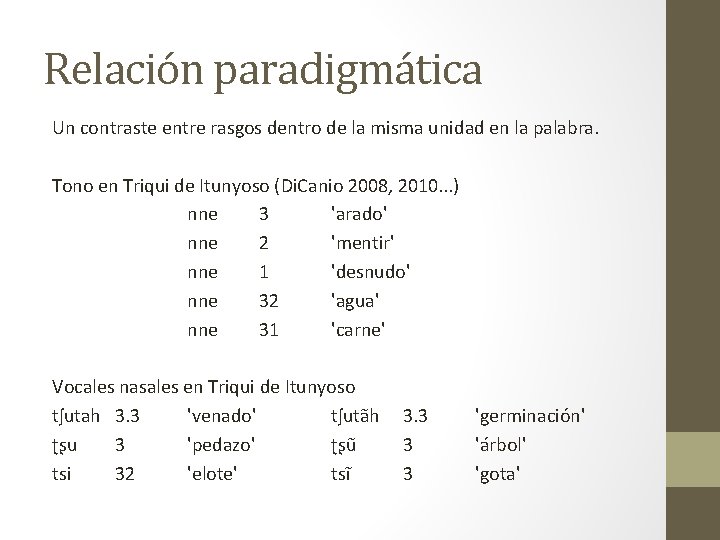 Relación paradigmática Un contraste entre rasgos dentro de la misma unidad en la palabra.