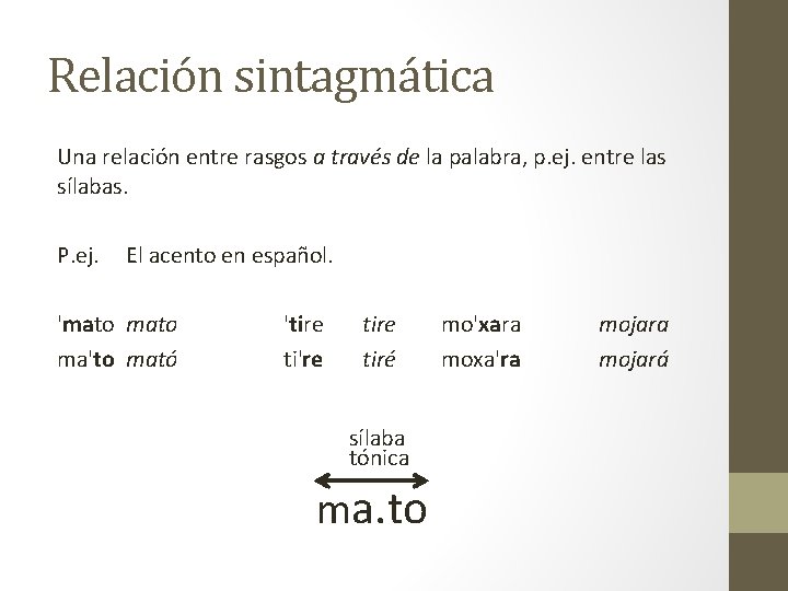 Relación sintagmática Una relación entre rasgos a través de la palabra, p. ej. entre