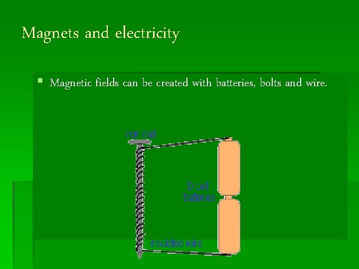 Magnets and electricity § Magnetic fields can be created with batteries, bolts and wire. Magnets and electricity § Magnetic fields can be created with batteries, bolts and wire.