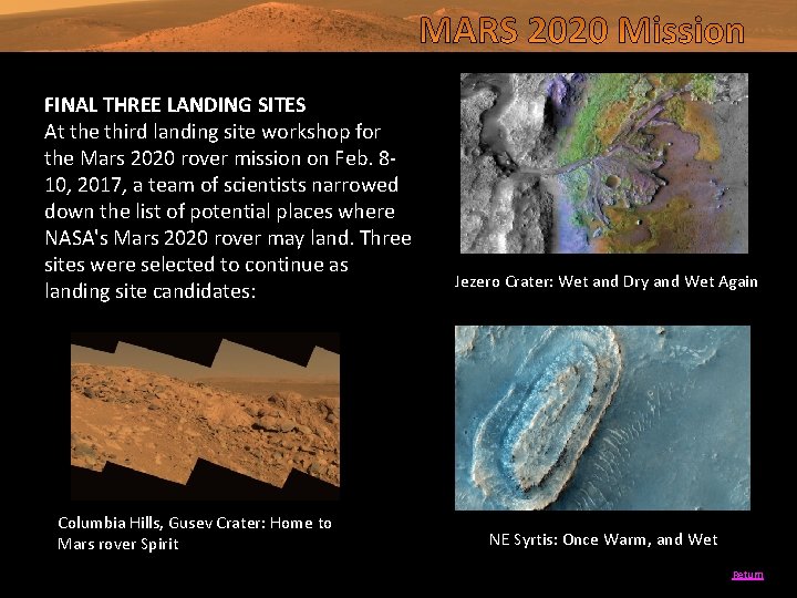 FINAL THREE LANDING SITES At the third landing site workshop for the Mars 2020